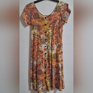 Floral Paisley Orange and Yellow Midi Short Sleeve Dress Faux Button Down